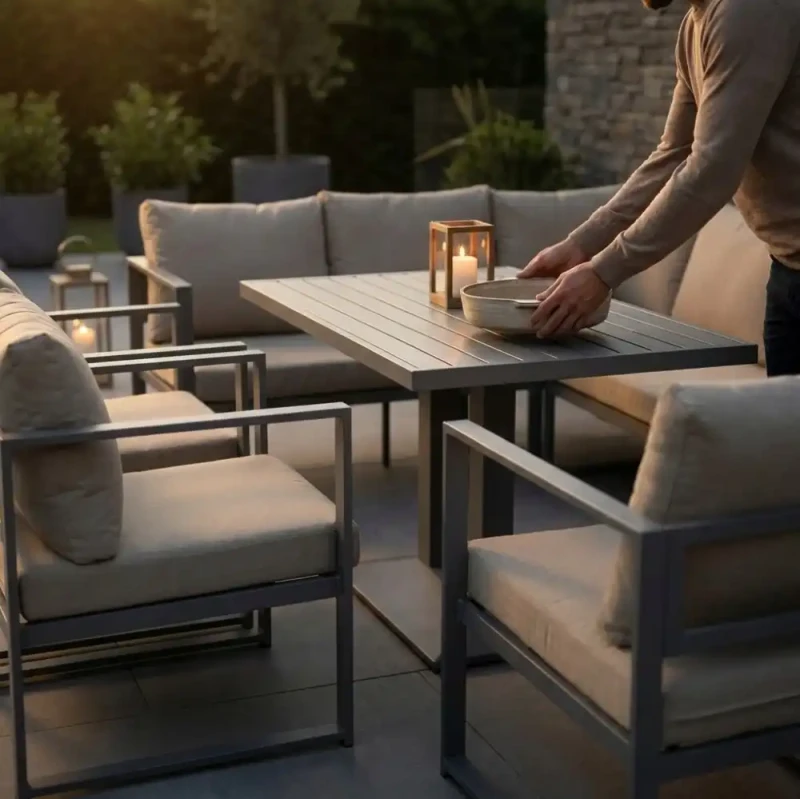 Zestaw mebli ogrodowych narożnik + stół regulowany + 3 fotele szary z brązowymi poduszkami