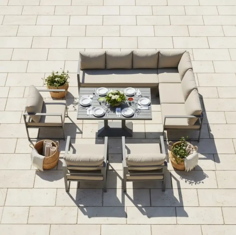 Zestaw mebli ogrodowych narożnik + stół regulowany + 3 fotele szary z brązowymi poduszkami