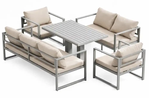 Zestaw mebli ogrodowych z 2 sofami + 2 fotelami i stołem z regulacją wysokości brązowo-szary