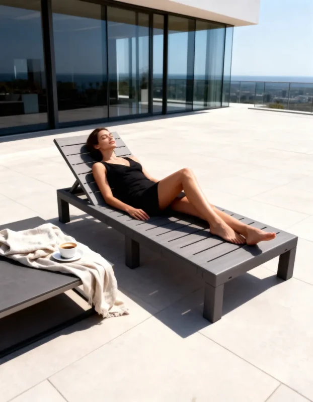 Leżak ogrodowy składany LS02 z tworzywa sztucznego na taras i plażę szary