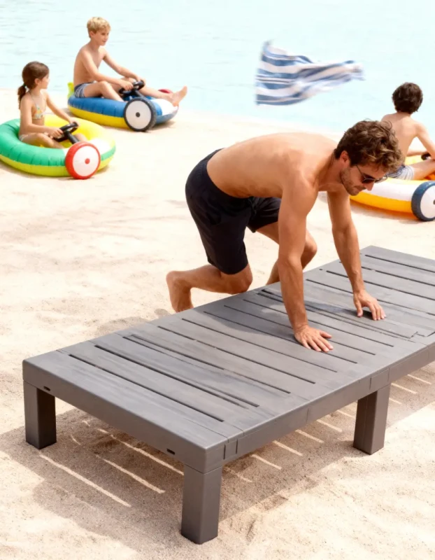 Leżak ogrodowy składany LS02 z tworzywa sztucznego na taras i plażę szary