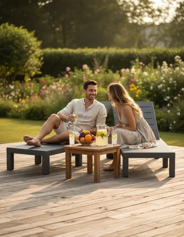 Leżak ogrodowy składany LS02 z tworzywa sztucznego na taras i plażę szary