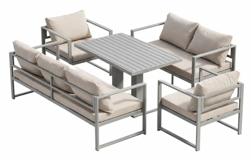 Metalowy zestaw mebli ogrodowych z sofą 3-osobową + sofą 2-osobową 2 fotelami i stołem brązowy