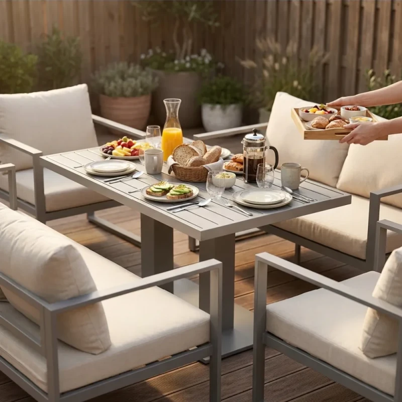 Metalowy zestaw mebli ogrodowych z sofą 3-osobową + sofą 2-osobową 2 fotelami i stołem brązowy