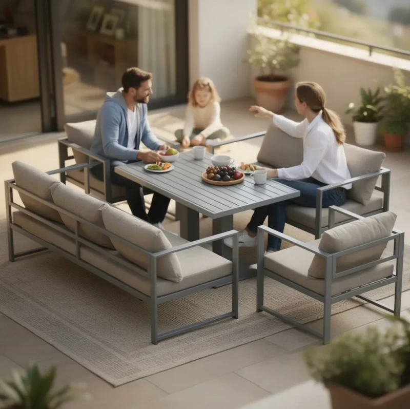 Metalowy zestaw mebli ogrodowych z sofą 3-osobową + sofą 2-osobową 2 fotelami i stołem brązowy