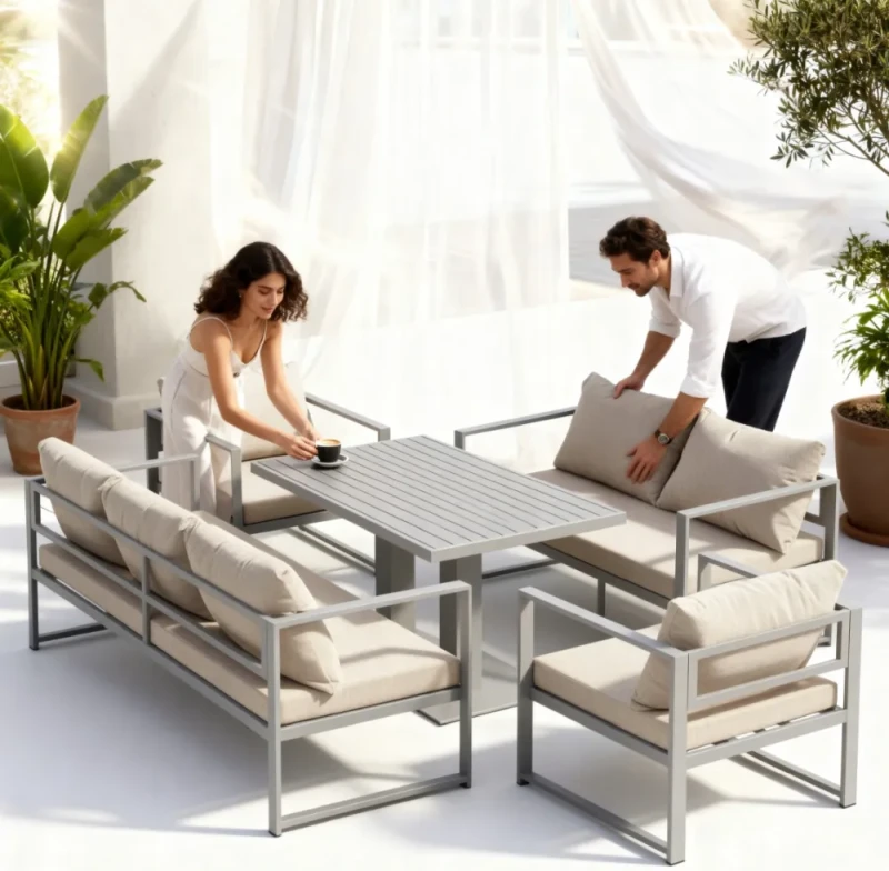 Metalowy zestaw mebli ogrodowych z sofą 3-osobową + sofą 2-osobową 2 fotelami i stołem brązowy