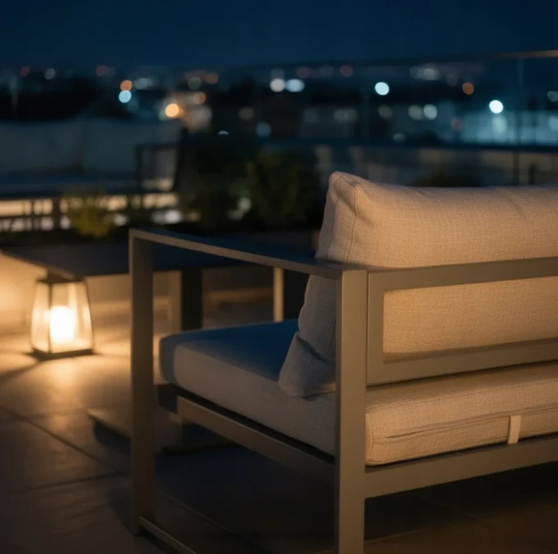 Metalowy zestaw mebli ogrodowych z sofą 3-osobową + sofą 2-osobową 2 fotelami i stołem brązowy