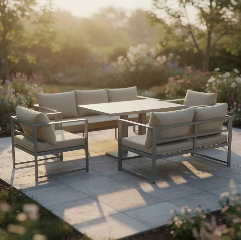 Metalowy zestaw mebli ogrodowych z sofą 3-osobową + sofą 2-osobową 2 fotelami i stołem brązowy