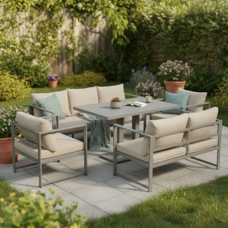 Metalowy zestaw mebli ogrodowych z sofą 3-osobową + sofą 2-osobową 2 fotelami i stołem brązowy