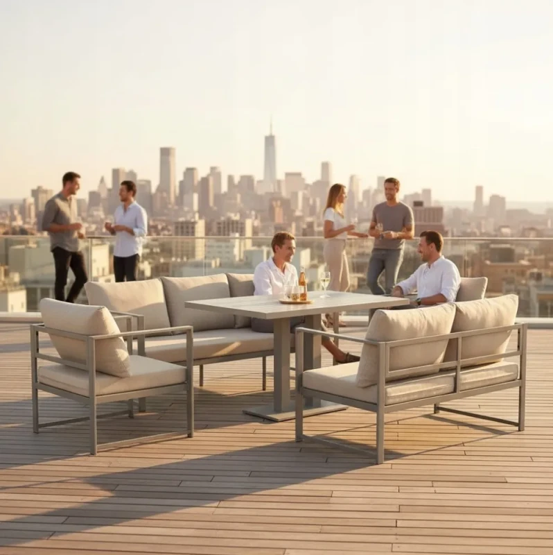 Metalowy zestaw mebli ogrodowych z sofą 3-osobową + sofą 2-osobową 2 fotelami i stołem brązowy