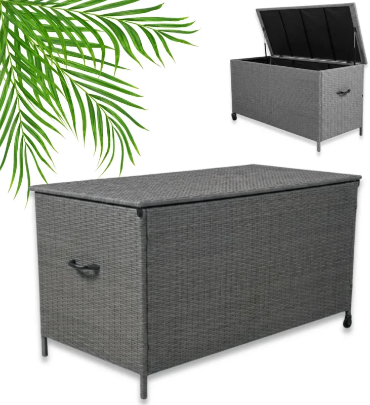 Skrzynia ogrodowa z technorattanu 166x76x80 cm szara 1000 l na poduszki i akcesoria
