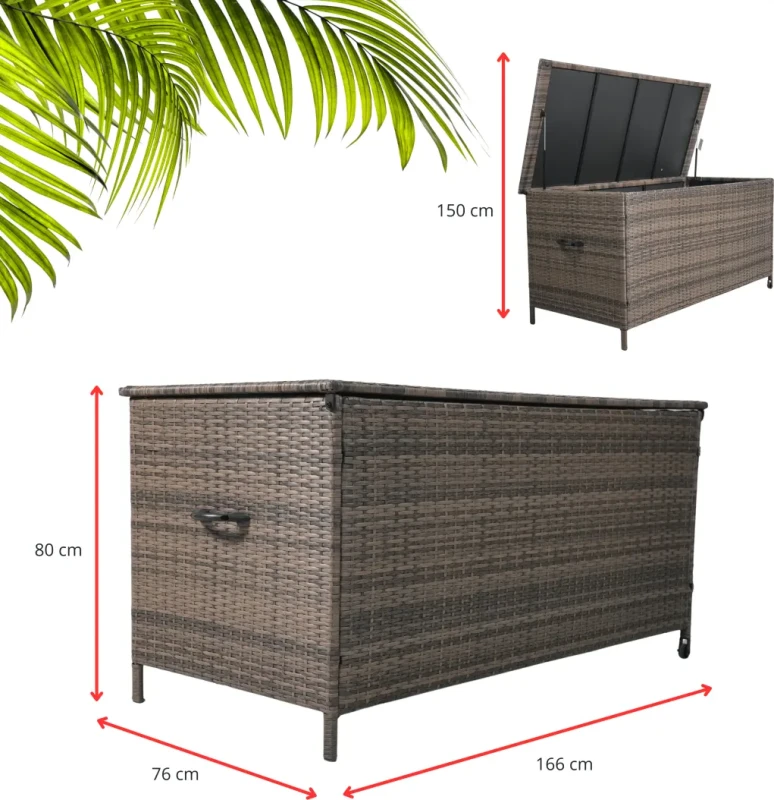 Skrzynia ogrodowa z technorattanu 166x76x80 cm 1000 l na poduszki i akcesoria brązowa - wymiary