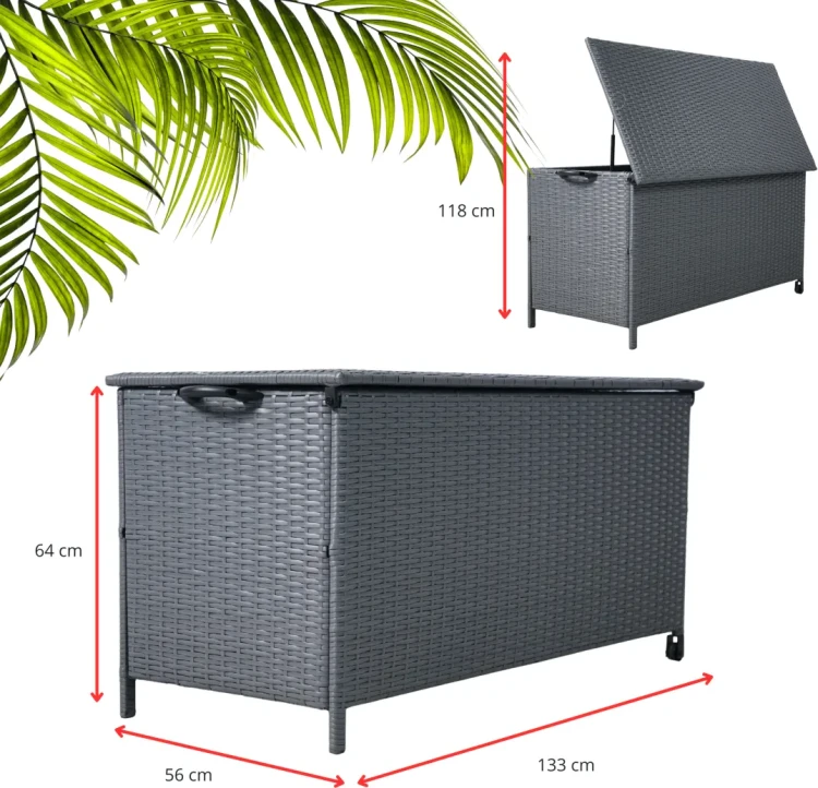 Skrzynia ogrodowa technorattanowa 480 l 133x56x64 cm na poduszki szara
