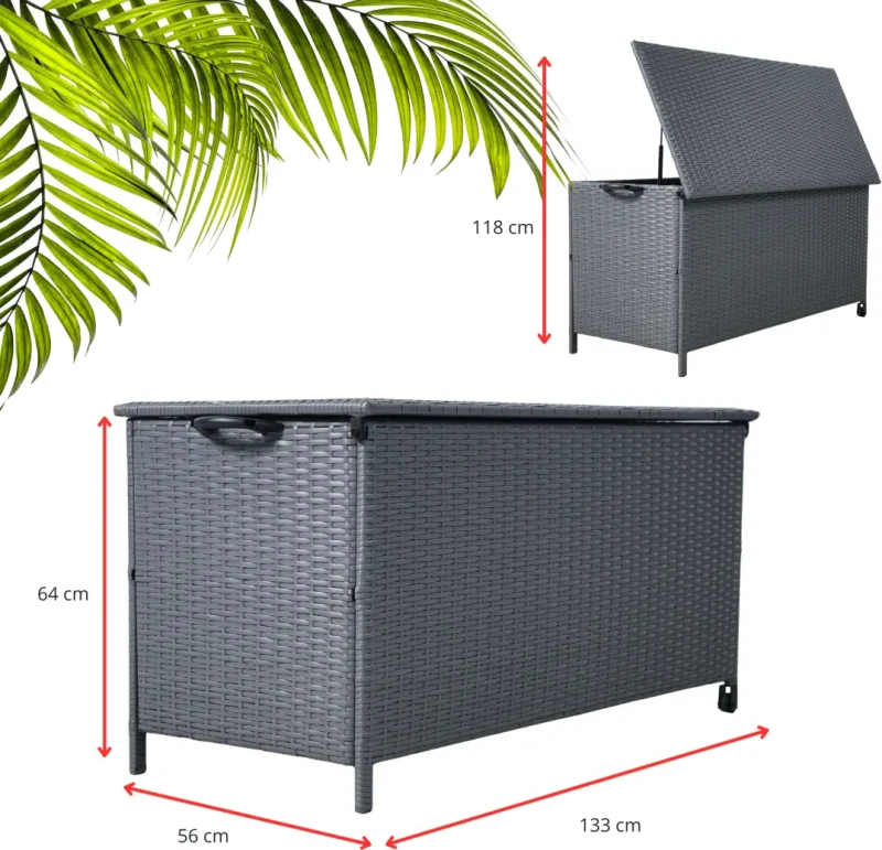Skrzynia ogrodowa technorattanowa 480 l 133x56x64 cm na poduszki szara