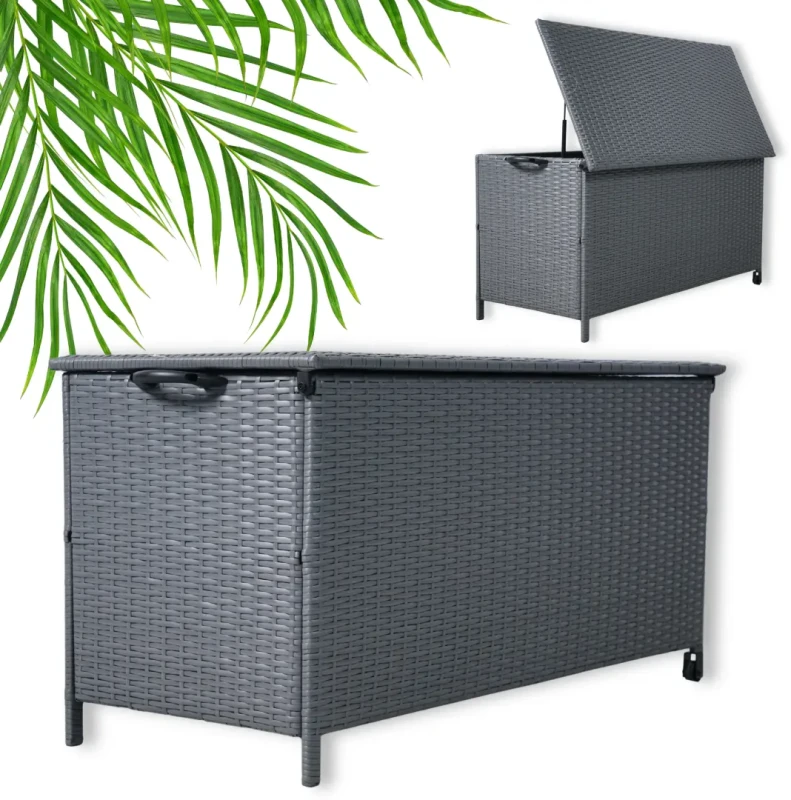 Skrzynia ogrodowa technorattanowa 480 l 133x56x64 cm na poduszki szara