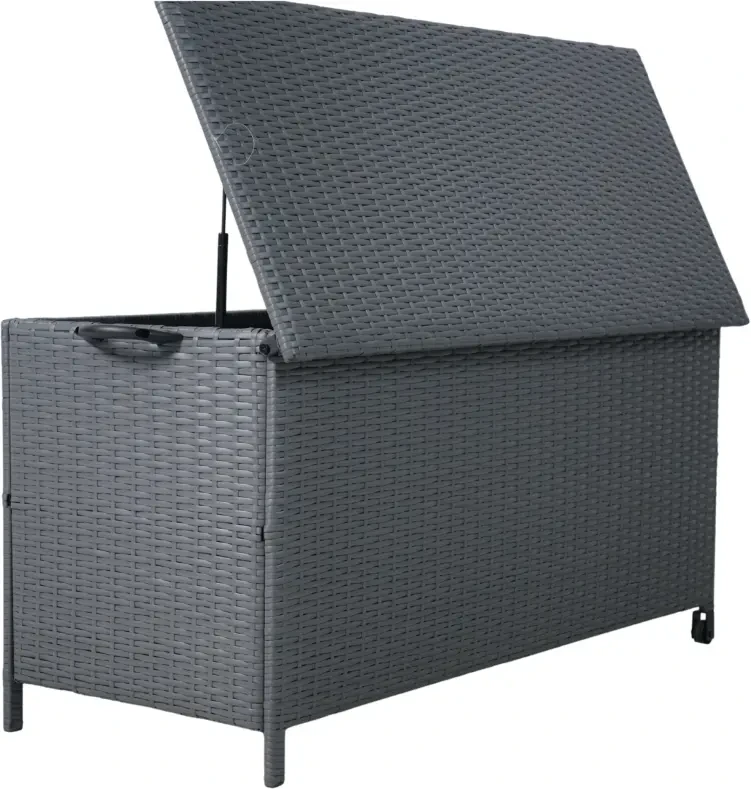 Skrzynia ogrodowa technorattanowa 480 l 133x56x64 cm na poduszki szara