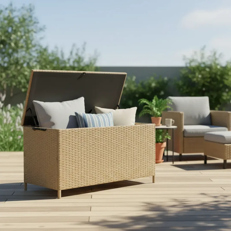 Skrzynia ogrodowa technorattanowa 480 litrów 133 cm beżowa naturalna