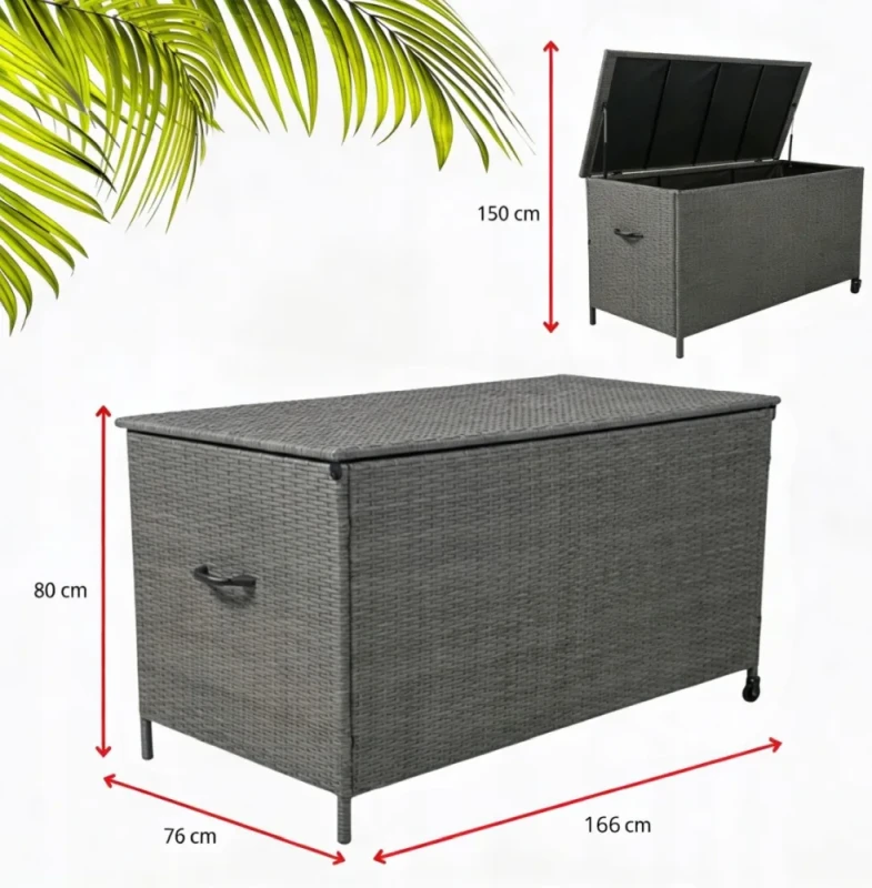 Skrzynia ogrodowa z technorattanu 166x76x80 cm 1000 l na poduszki i akcesoria szara