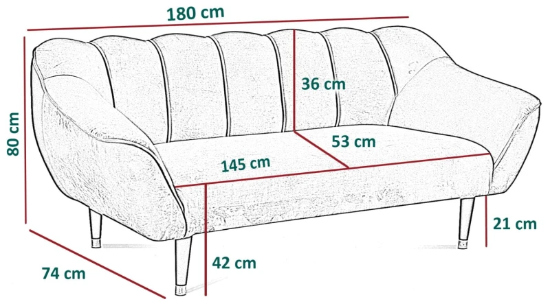 Sofa tapicerowana Molly III w stylu skandynawskim - wymiary