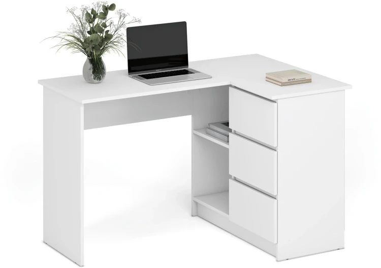Biurko narożne BEGA 124 cm z 3 szufladami biały