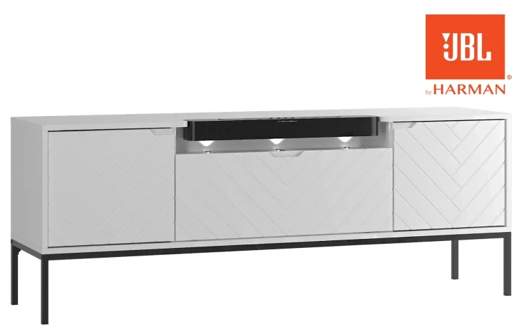 Szafka RTV Aspen VI 150 cm trzydrzwiowa z głośnikiem JBL do salonu biała