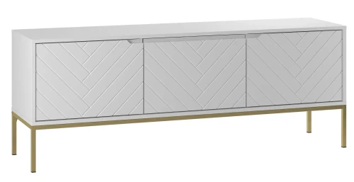 Szafka RTV Aspen I 150 cm trzydrzwiowa na metalowych nóżkach do salonu biały mat/złoty