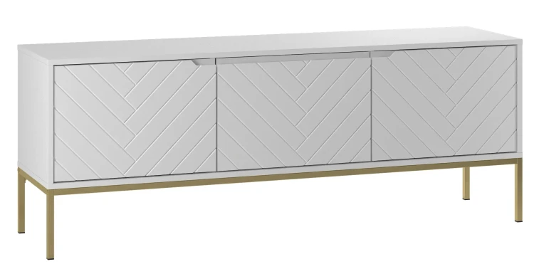 Szafka RTV Aspen I 150 cm trzydrzwiowa na metalowych nóżkach do salonu biały mat/złoty