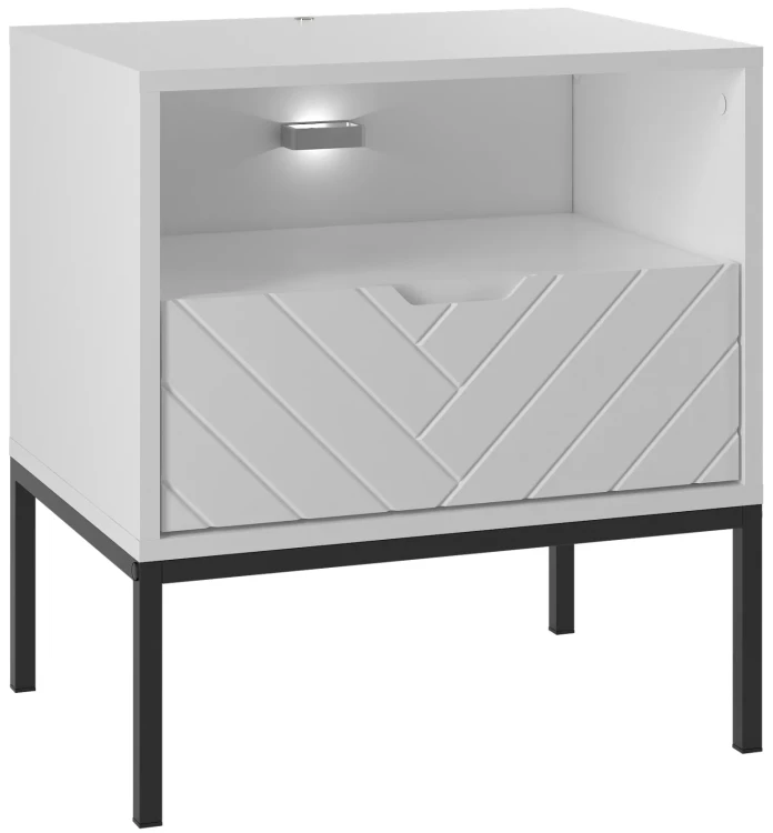 Szafka nocna Aspen IV 53 cm z szufladą i oświetleniem LED do sypialni biały/czarny