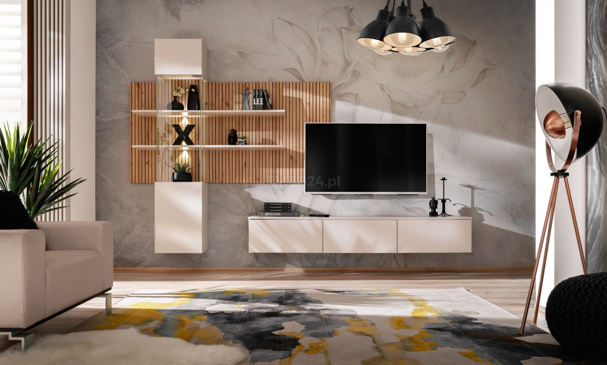 Meblościanka Gusto LUX B z oświetleniem LED do salonu kaszmir/dąb artisan