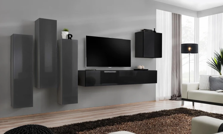 Meblościanka Switch III korpus grafit mat i czarny mat / front grafit i czarny połysk
