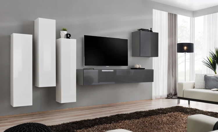 Meblościanka Switch III korpus biały mat i grafit mat / front biały i grafit połysk