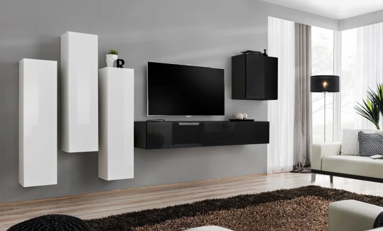 Meblościanka Switch III korpus biały mat i czarny mat / front biały i czarny połysk