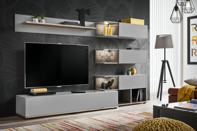 Meblościanka Silk 240 cm zestaw 6 elementów z oświetleniem LED do salonu szary