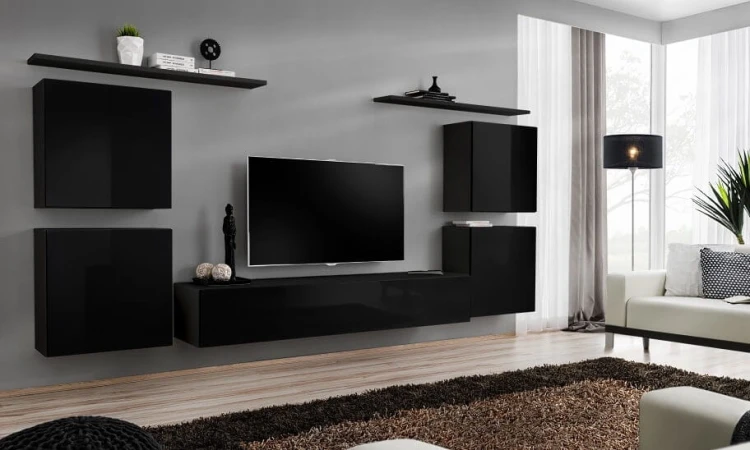 Meblościanka Switch IV  korpus czarny mat / front czarny połysk