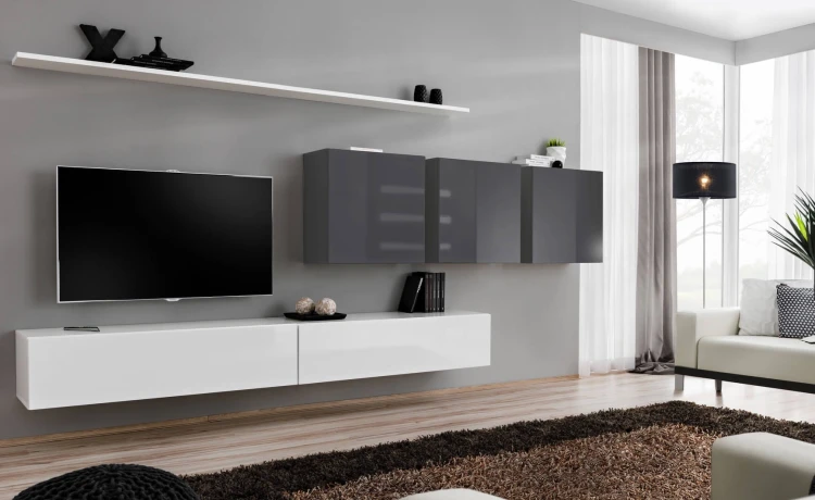 Meblościanka Switch VII korpus biały mat i grafit mat / front biały i grafit połysk