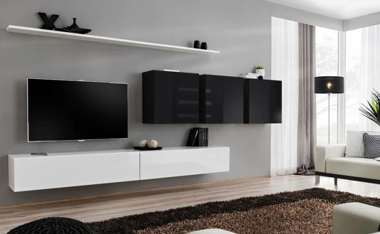 Meblościanka Switch VII korpus biały mat i czarny mat / front biały i czarny połysk
