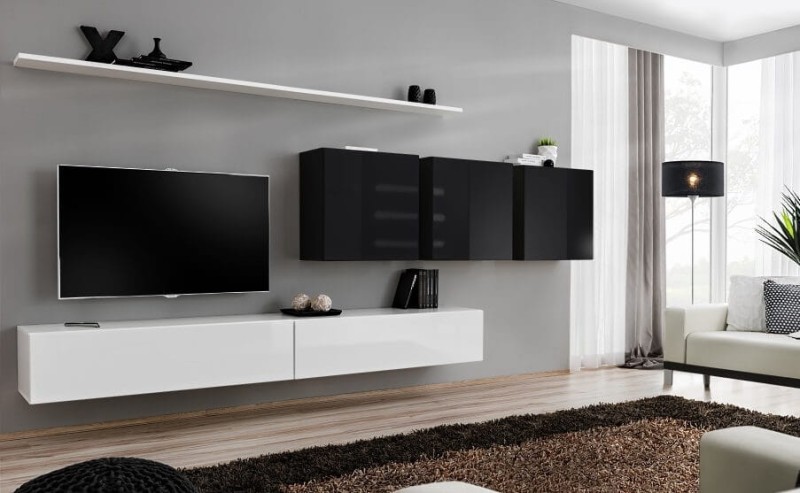 Meblościanka Switch VII korpus biały mat i czarny mat / front biały i czarny połysk