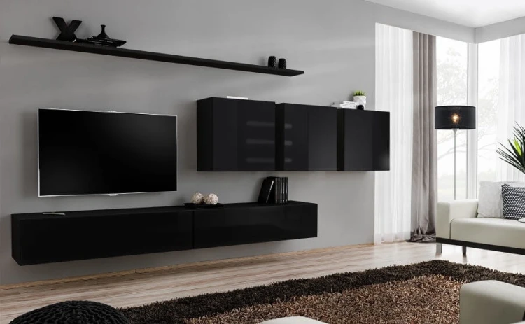 Meblościanka Switch VII korpus czarny mat / front czarny połysk