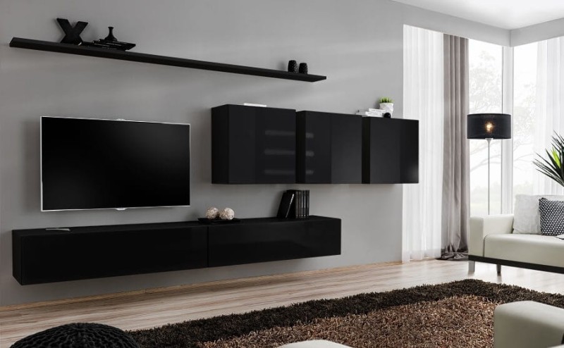 Meblościanka Switch VII korpus czarny mat / front czarny połysk