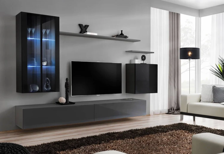 Meblościanka Switch XII korpus grafit mat i czarny mat / front grafit i czarny połysk