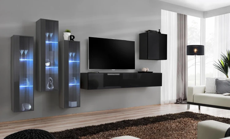 Meblościanka Switch XIII korpus grafit mat i czarny mat / front grafit i czarny połysk