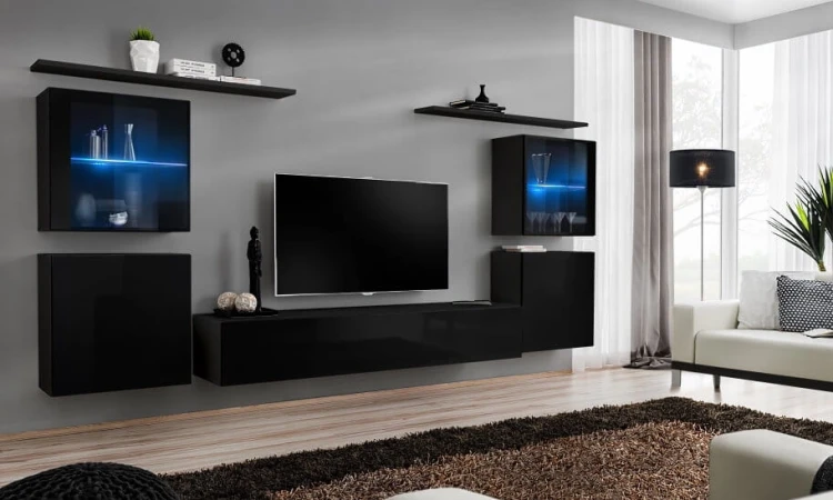 Meblościanka Switch XIV korpus czarny mat / front czarny połysk