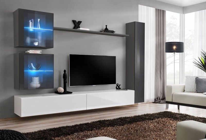 Meblościanka Switch XVIII  korpus grafit mat i biały mat / front grafit i biały połysk