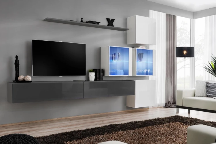 Meblościanka Switch XIX korpus biały mat i grafit mat / front biały i grafit połysk