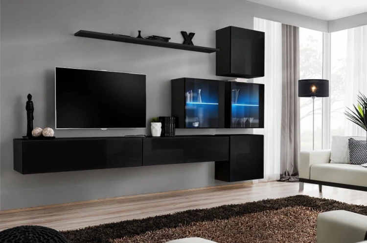 Meblościanka Switch XIX korpus czarny mat / front czarny połysk