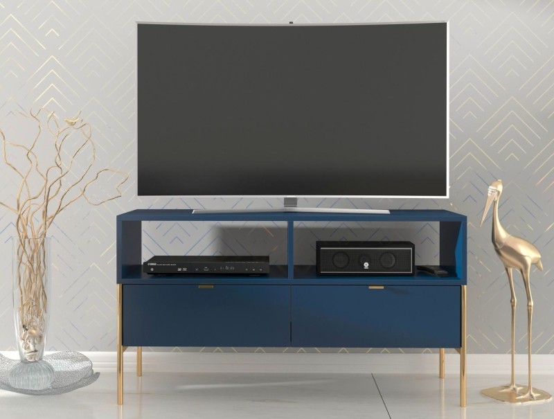 Granatowa szafka RTV na drewnianych nóżkach Polka Navy Blue