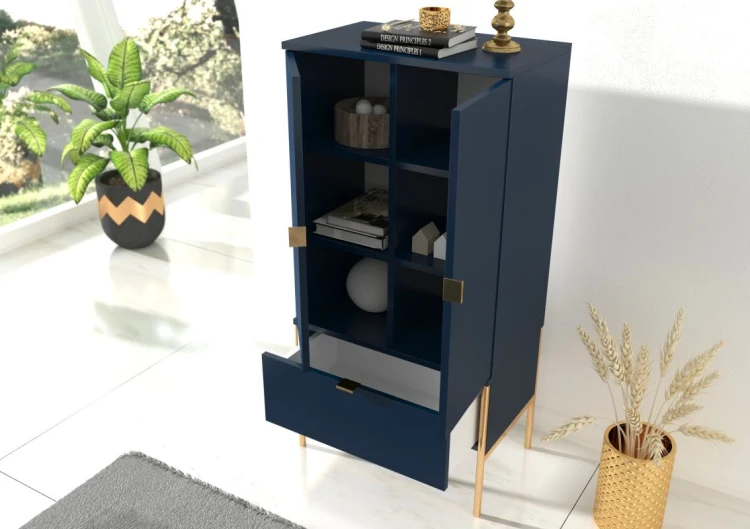 Granatowa wysoka komoda na metalowych nóżkach Polka Navy Blue