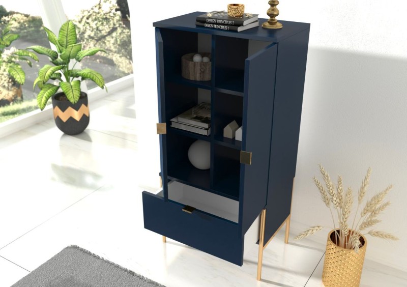 Granatowa wysoka komoda na metalowych nóżkach Polka Navy Blue