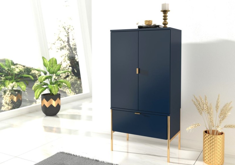 Granatowa wysoka komoda na metalowych nóżkach Polka Navy Blue