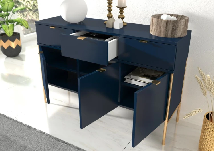 Granatowa szeroka komoda na metalowych nóżkach Polka Navy Blue